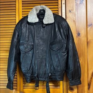 Toskana Black Leather Bomber with White Shearling Collar